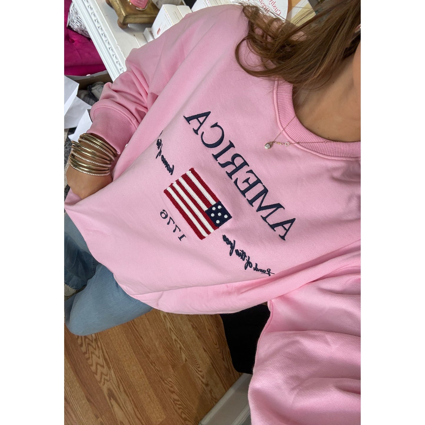 Land of the Free Sweatshirt, Baby Pink