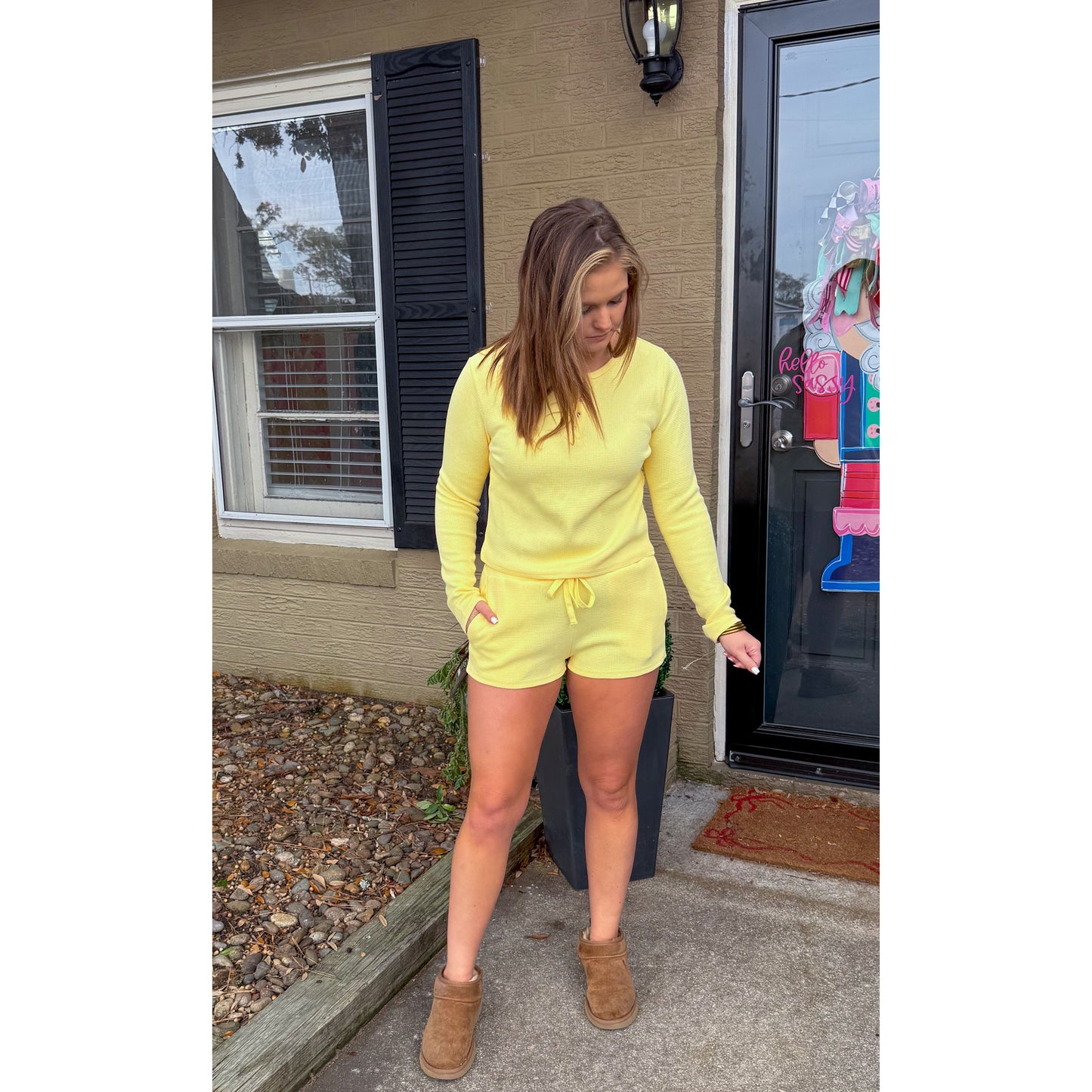 Butter Yellow Waffle Knit Lounge Set