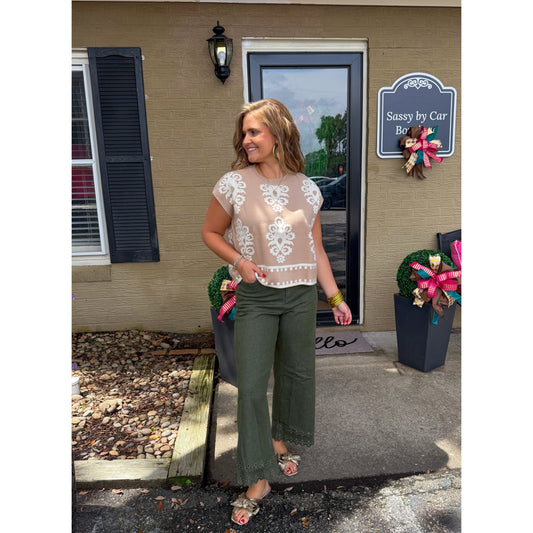 Darby Pattern Knit Top, Ivory/Taupe