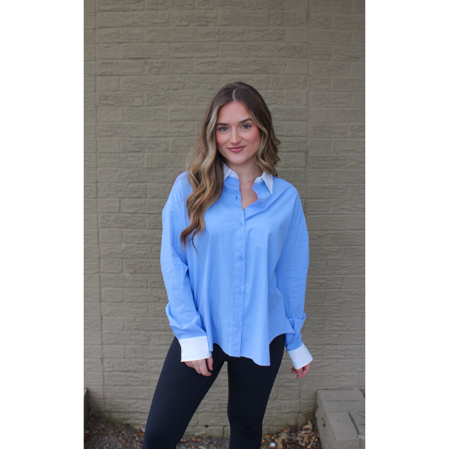 Chambray Button Down Blouse, White/Baby Blue