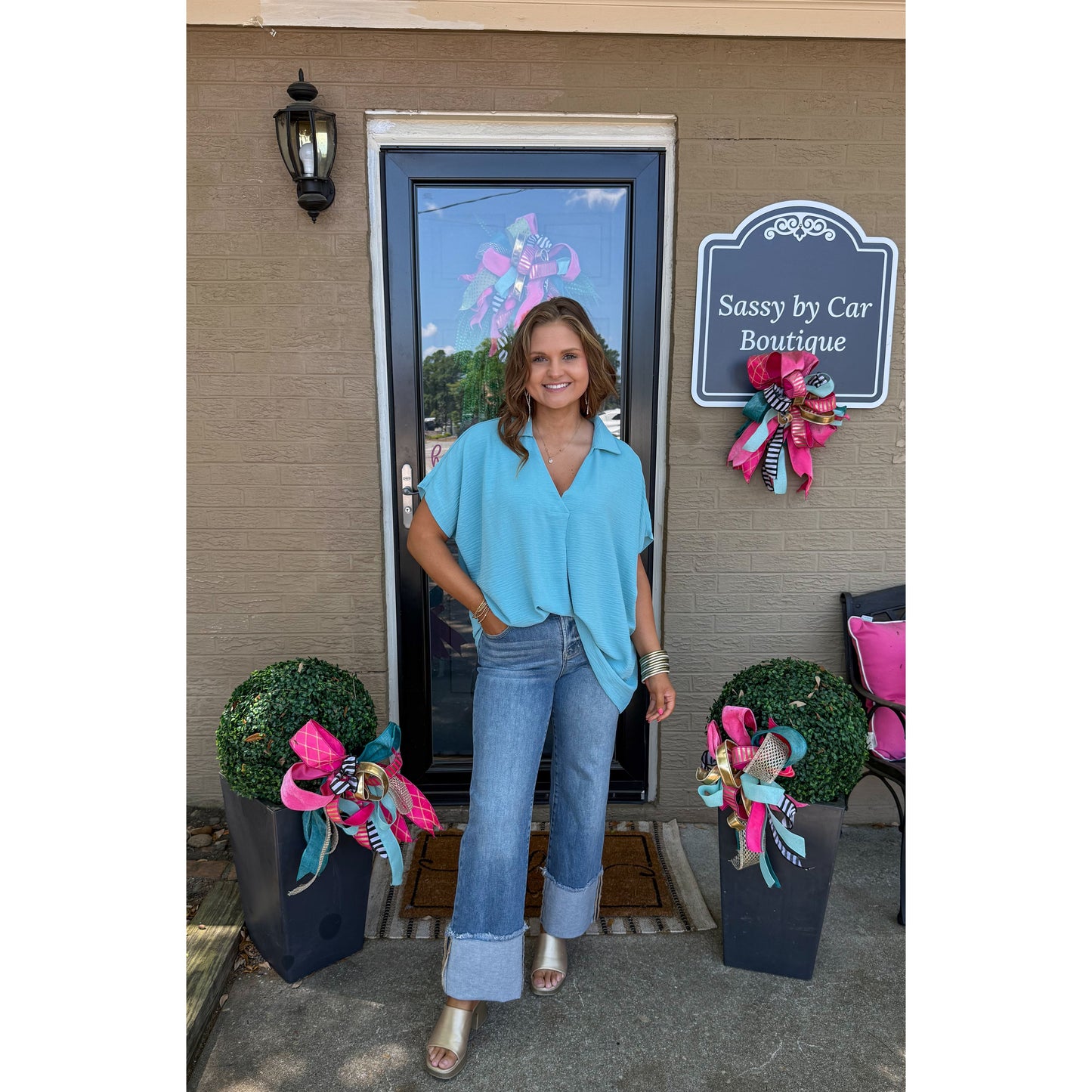 Hannah V-Neck Top, Aqua Blue
