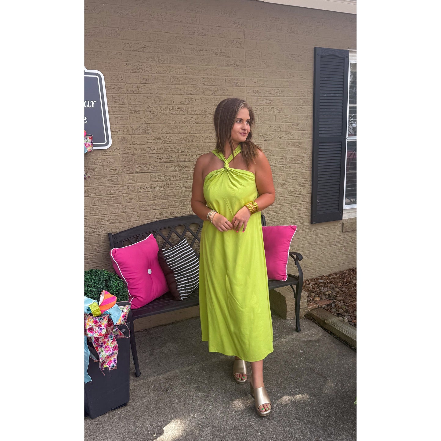 Brynn Halter Midi Dress, Lime Green