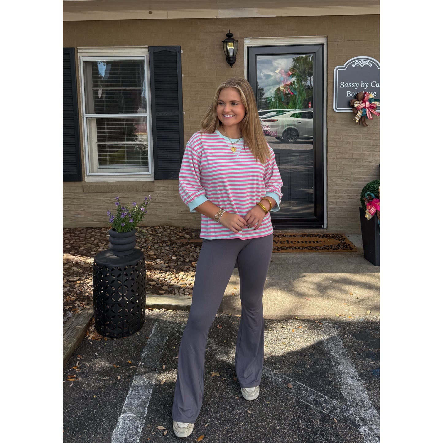 Teagan Stripe Pullover, Aqua/Pink