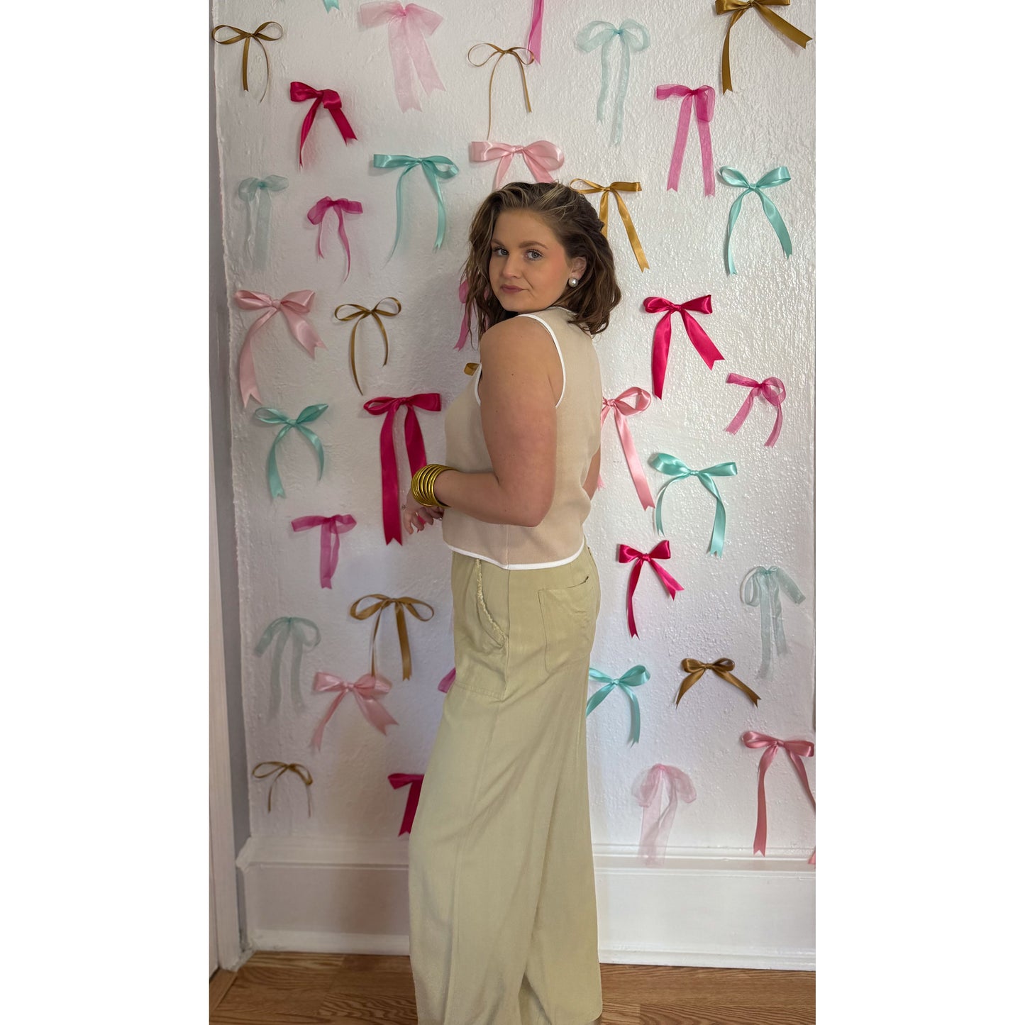 Caroline Button Vest, Taupe/White