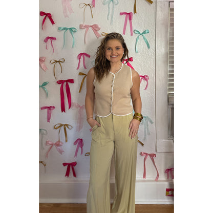 Caroline Button Vest, Taupe/White