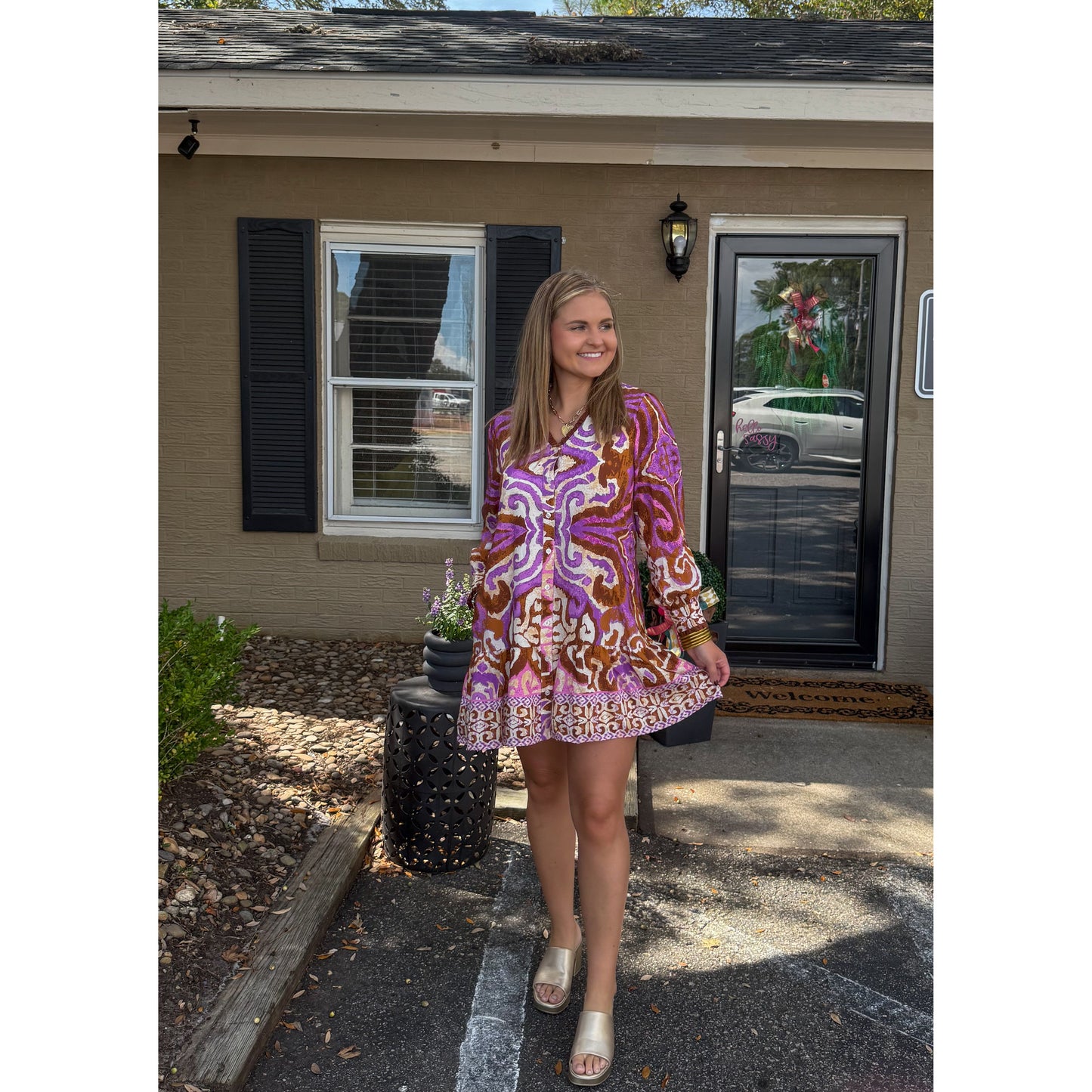 Catherine Pattern Mini Dress, Purple Multi