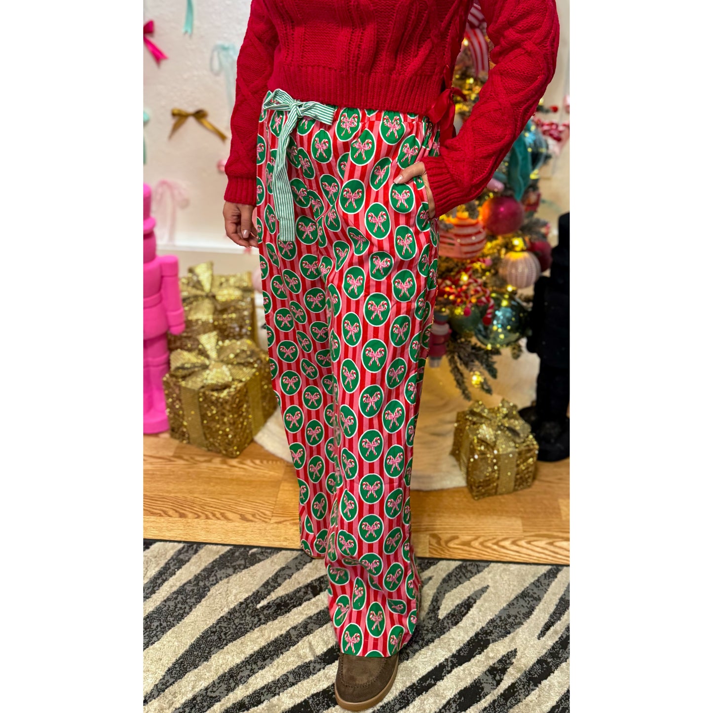 Candy Cane Bow PJ Pants