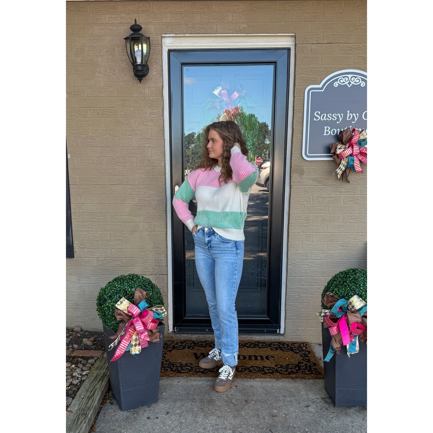 Aubrey Stripe Sweater, Pink/Green