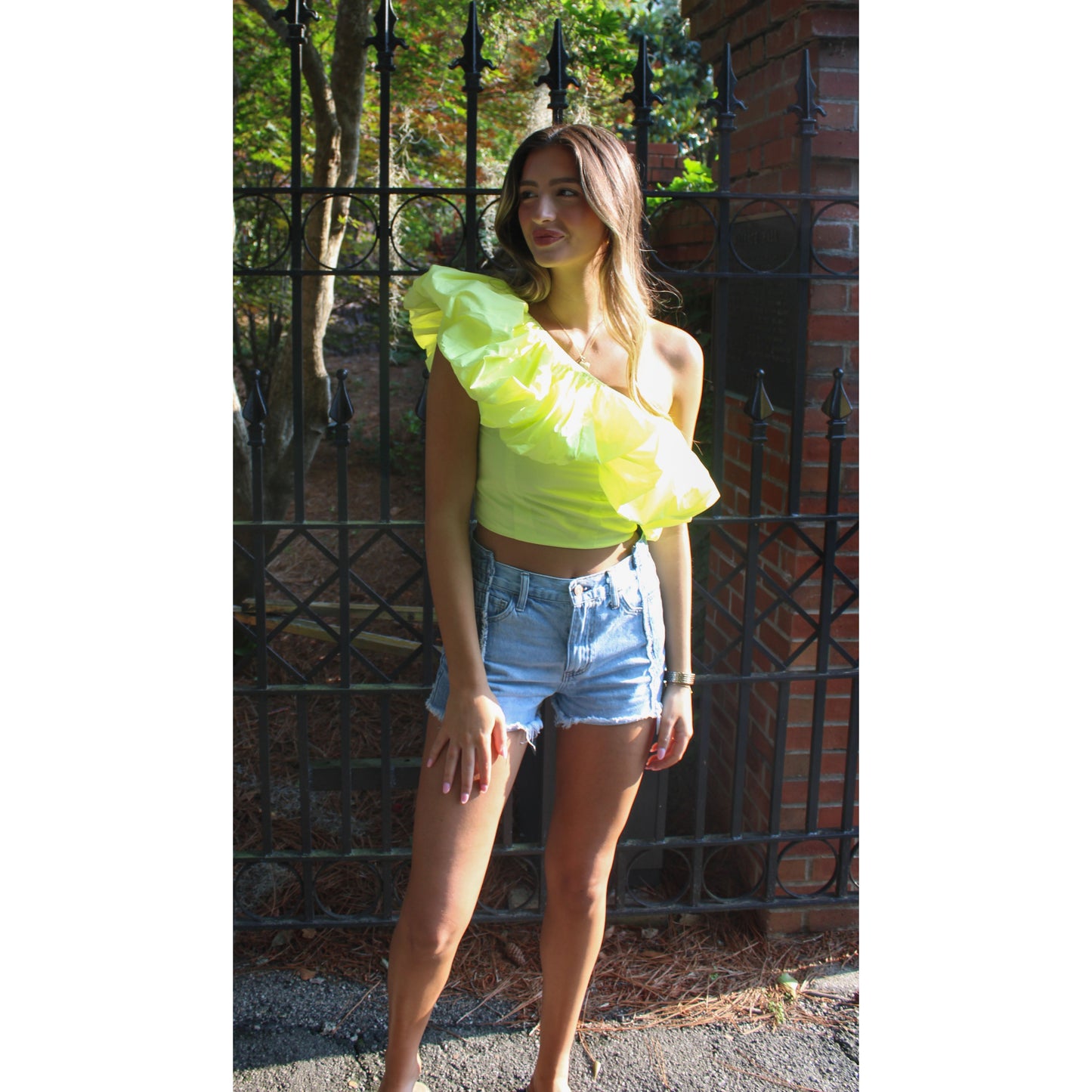 Penny Ruffle Crop Top, Neon Yellow