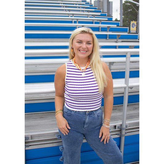 Collins Stripe Top, White/Purple
