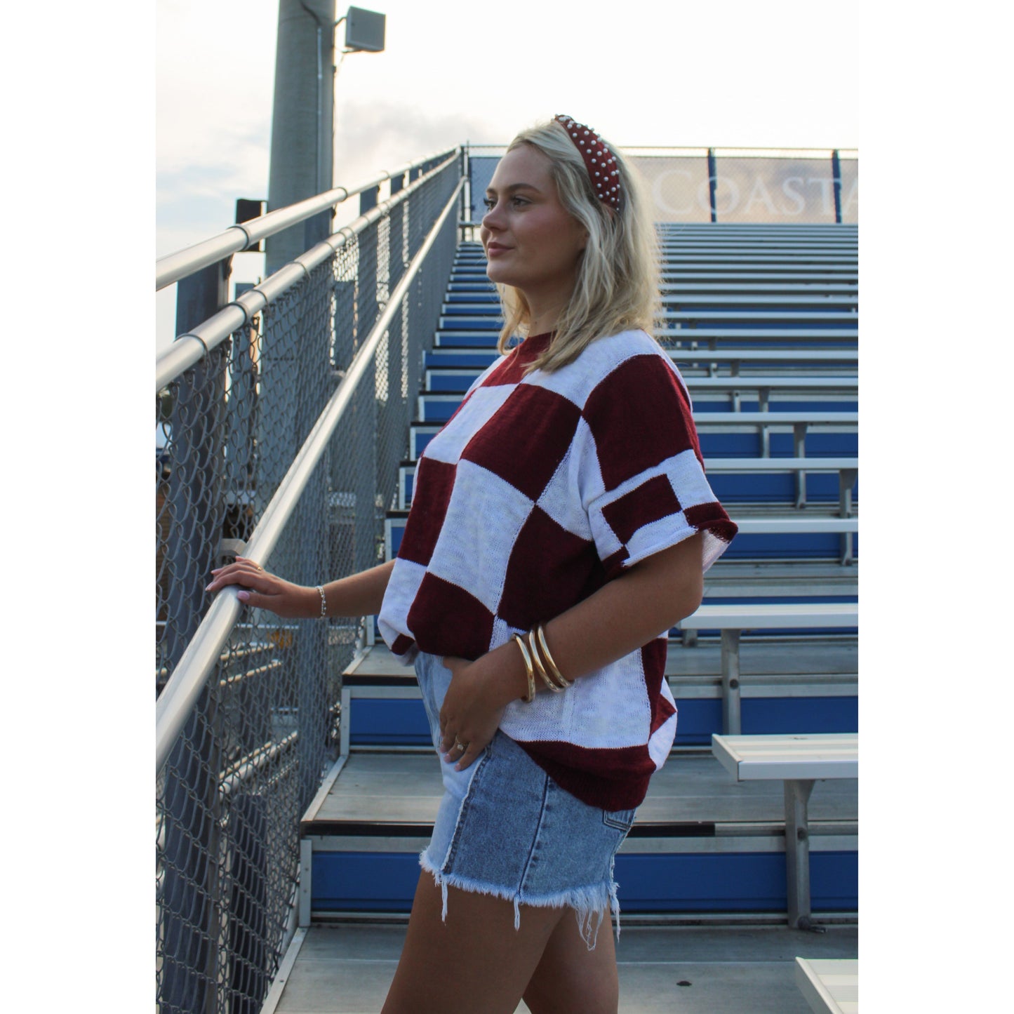 Goal Line Checkered Top, Garnet/White