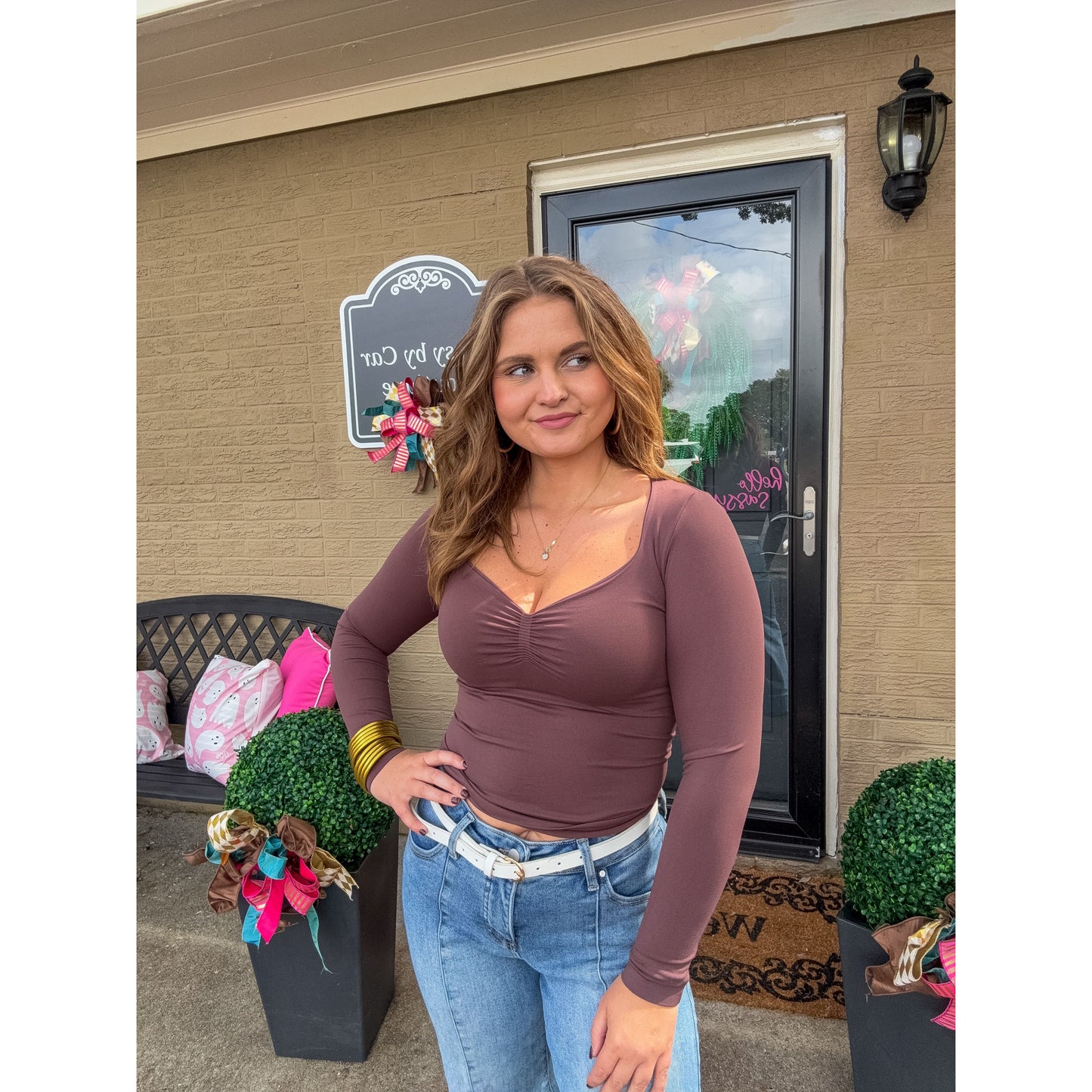 Clean Line Shirred LS Top, Mocha