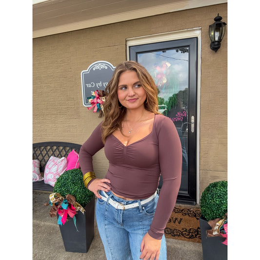 Clean Line Shirred LS Top, Mocha
