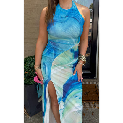 Watercolor Halter Detail Maxi Dress, Blue Multi
