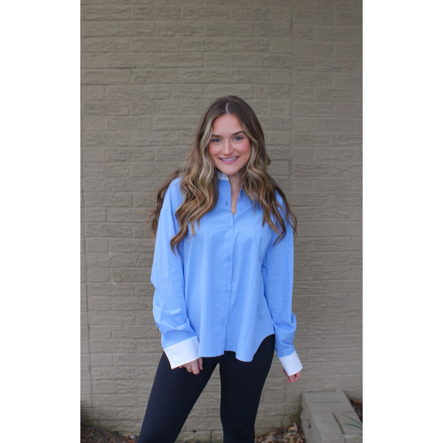 Chambray Button Down Blouse, White/Baby Blue