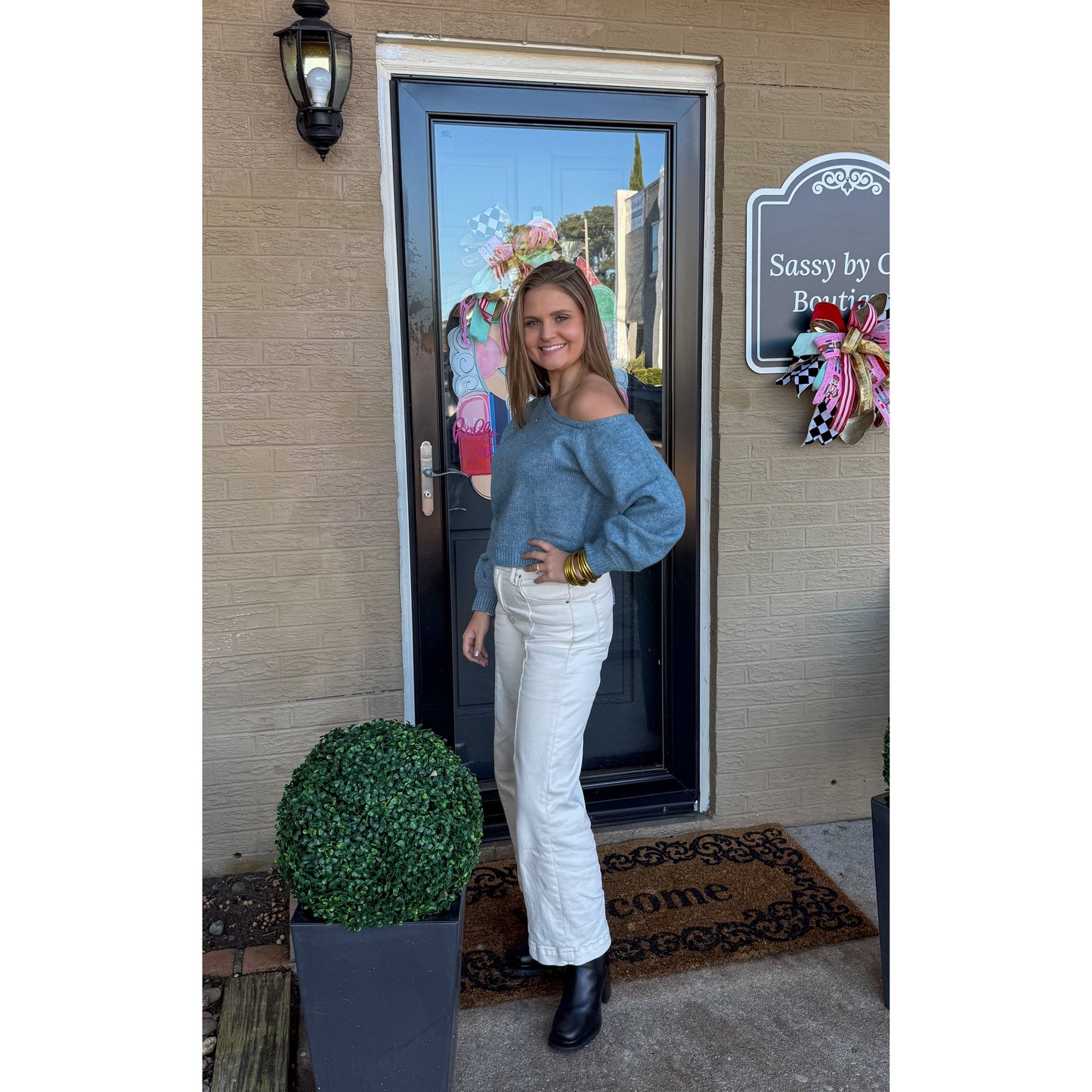 Noelle Asymmetrical Neckline Sweater, Blue