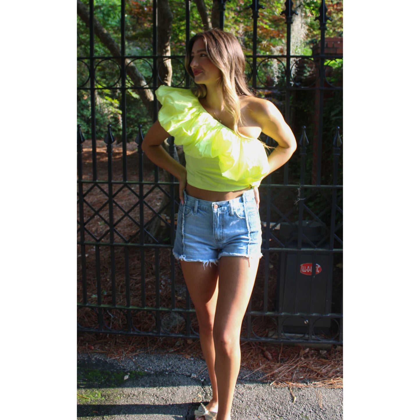 Penny Ruffle Crop Top, Neon Yellow