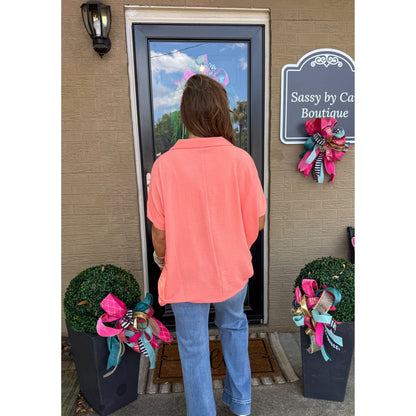 Hannah V-Neck Top, Coral