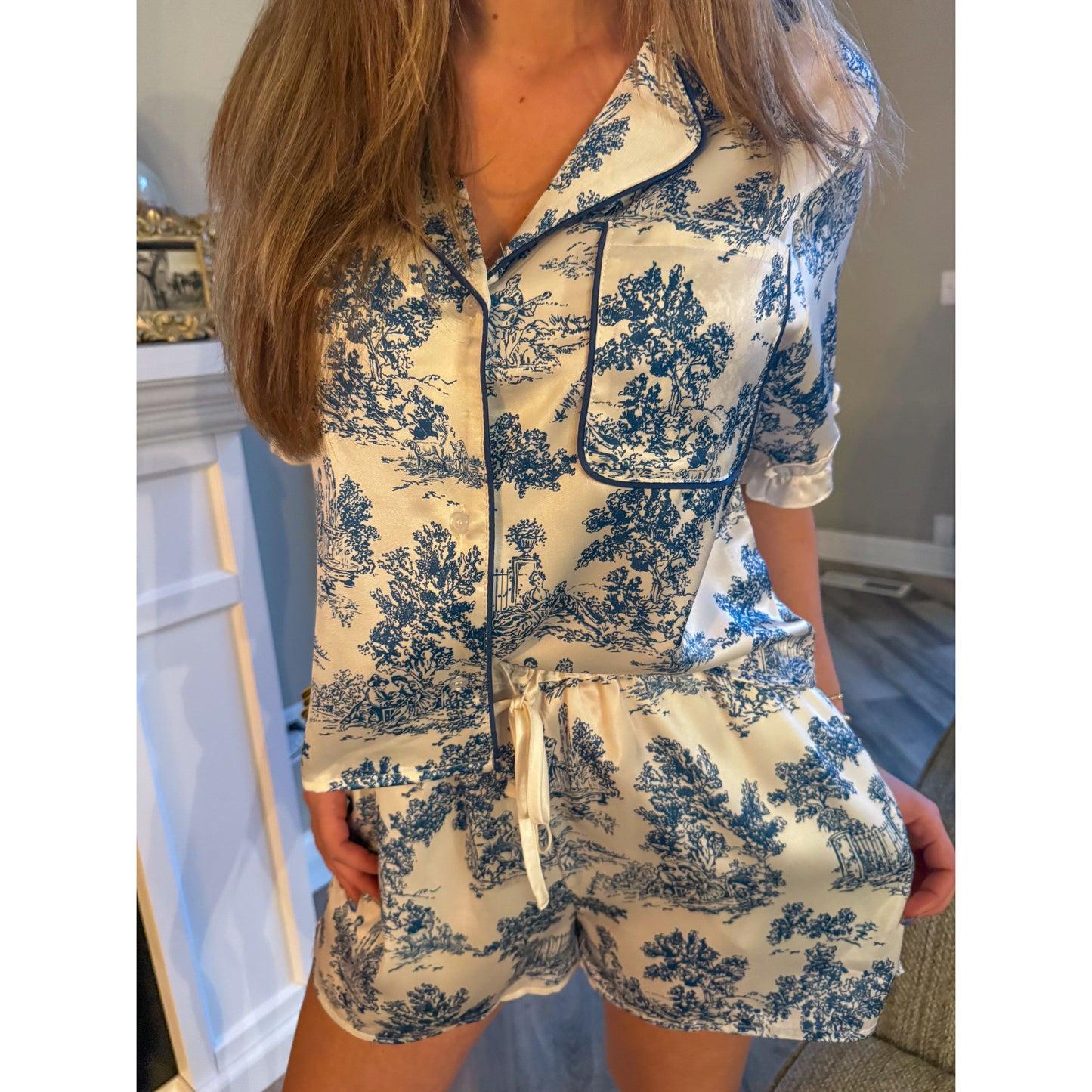 Chinoiserie Satin PJs, Blue/White