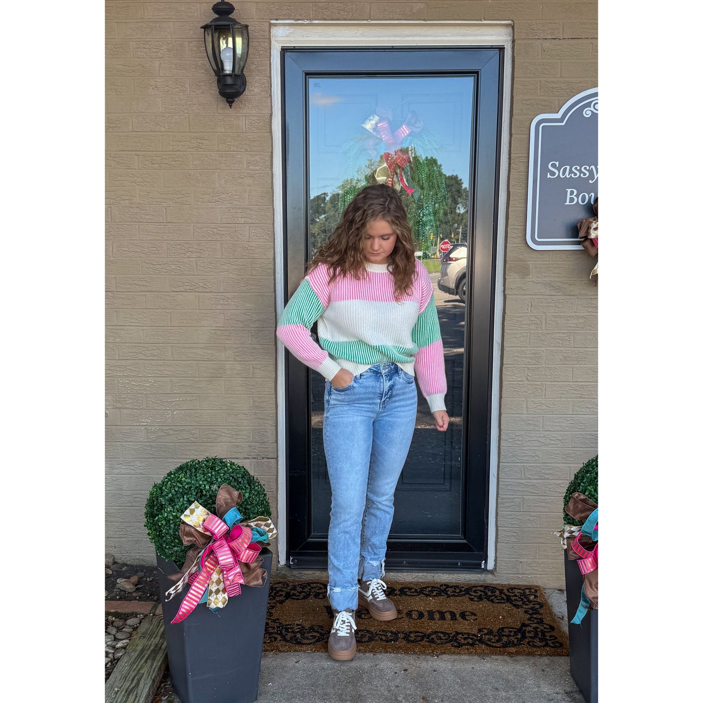 Aubrey Stripe Sweater, Pink/Green