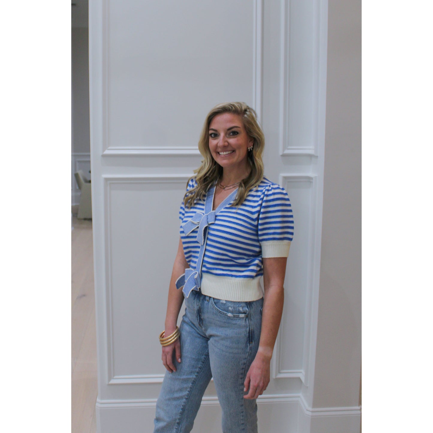 Phoebe Stripe Top, Blue/Cream