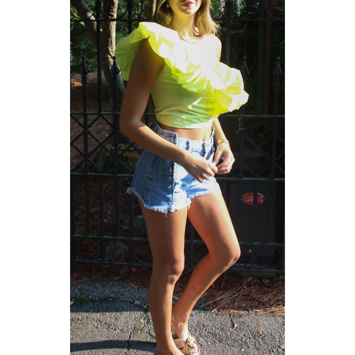 Penny Ruffle Crop Top, Neon Yellow