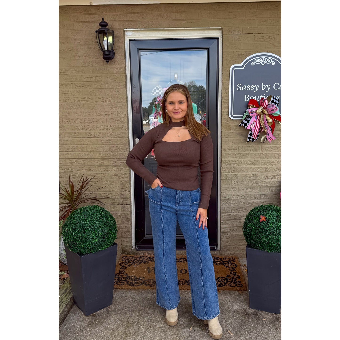 Mock Neck Cutout Top, Dark Brown