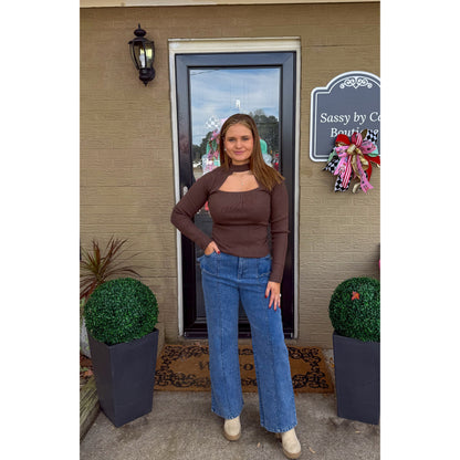 Mock Neck Cutout Top, Dark Brown