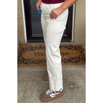 Cuffed Ivory Wide Leg Jeans