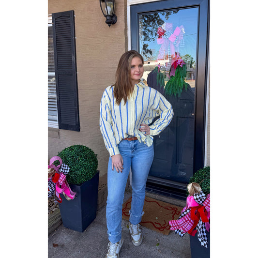 Anne Stripe Button Down Top, Butter Yellow/Blue