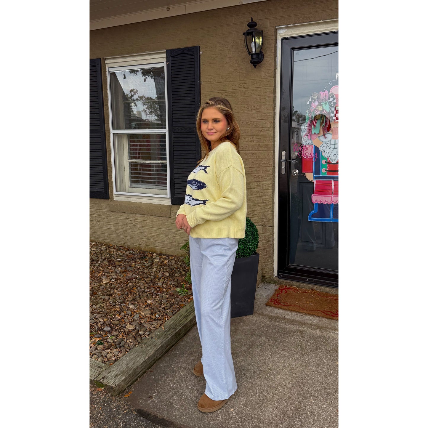 Sardine Graphic Knit Sweater, Butter Yellow