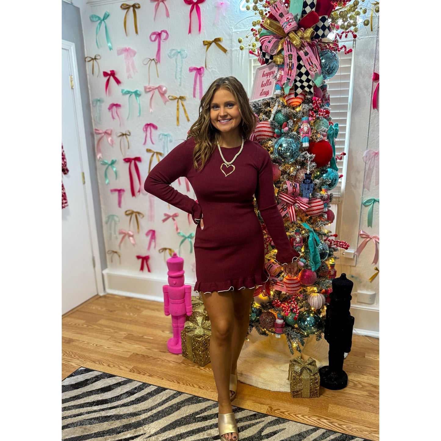 Shelby Knit Mini Dress, Burgundy/Ivory