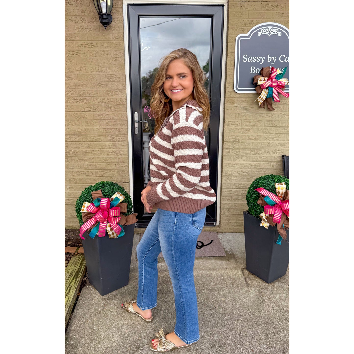 Dylan Stripe Sweater, Ivory/Mocha