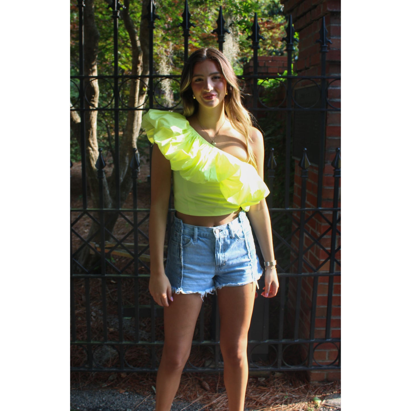 Penny Ruffle Crop Top, Neon Yellow