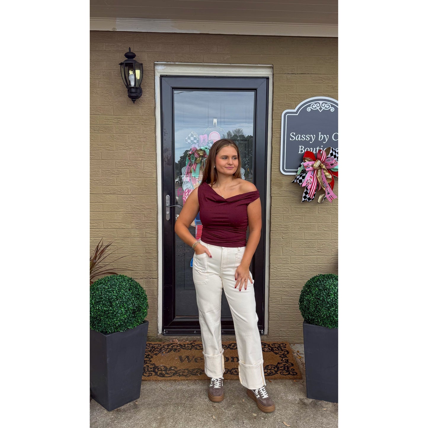 Millie Rhinestone Stud Top, Burgundy