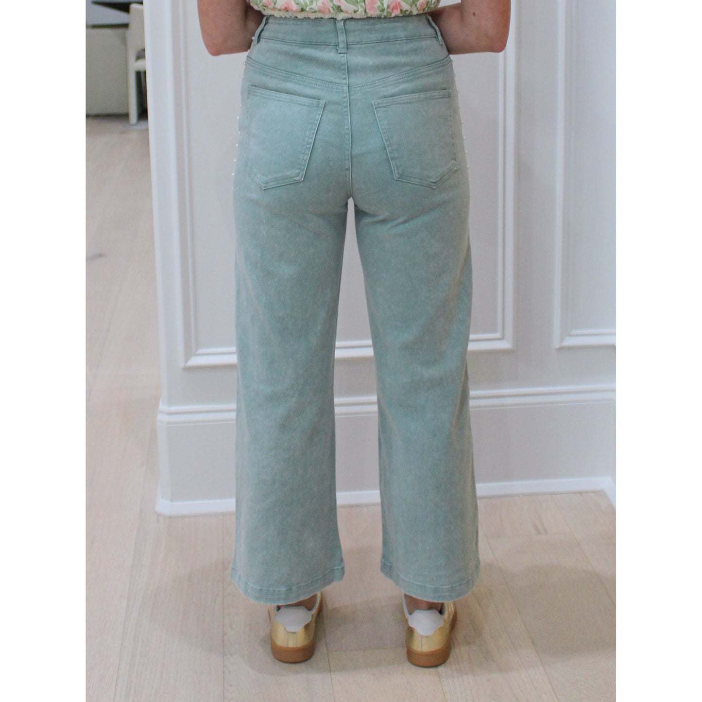 Sage Pearl Denim Pants, Sage Green