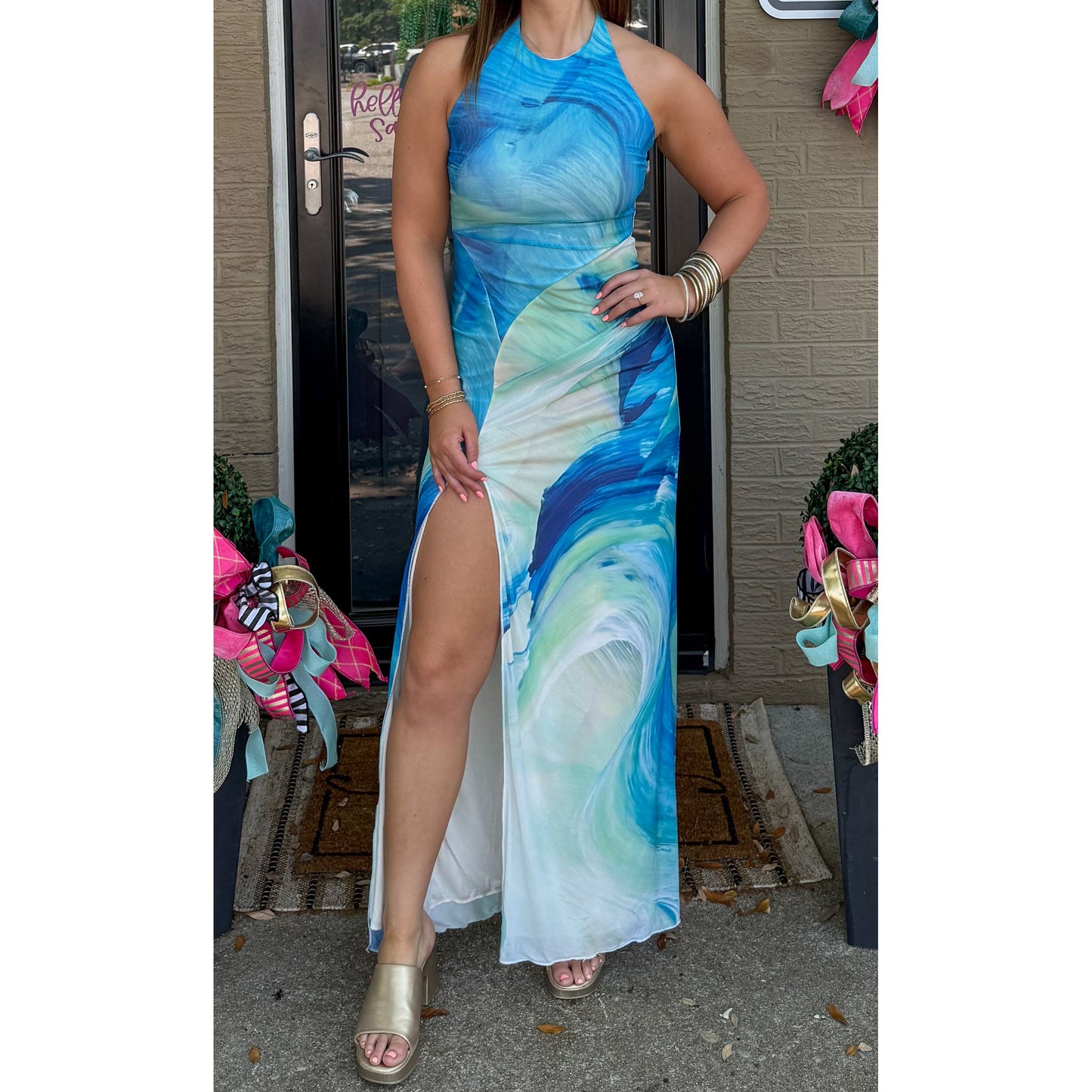 Watercolor Halter Detail Maxi Dress, Blue Multi
