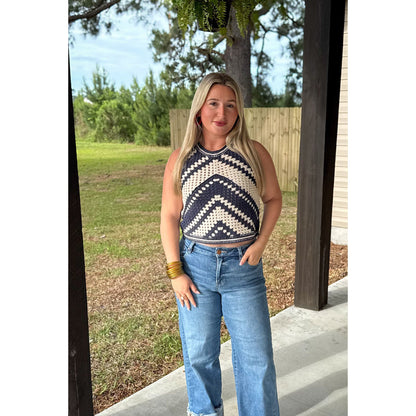 Crochet Crop Top, Navy/Ivory
