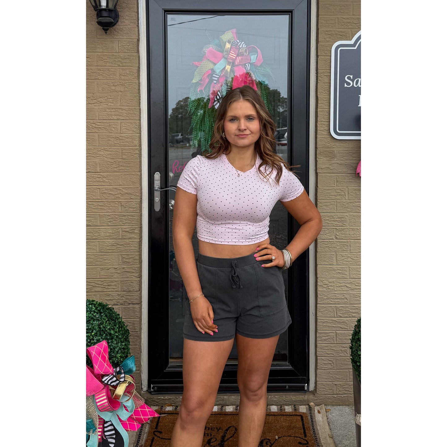 Polka Dot Detail Crop Top, Pink/Black