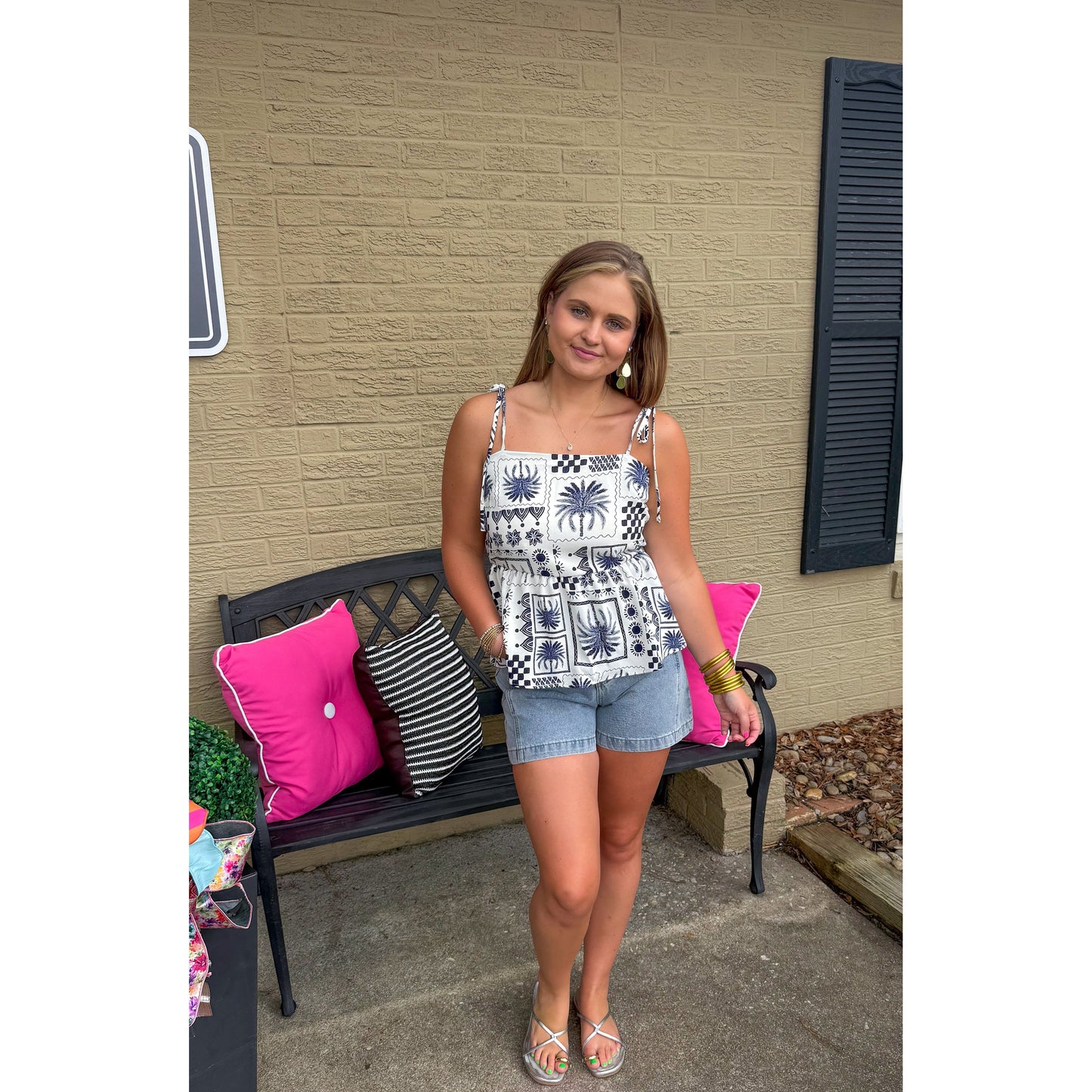 Abstract Print Top, Ivory/Navy