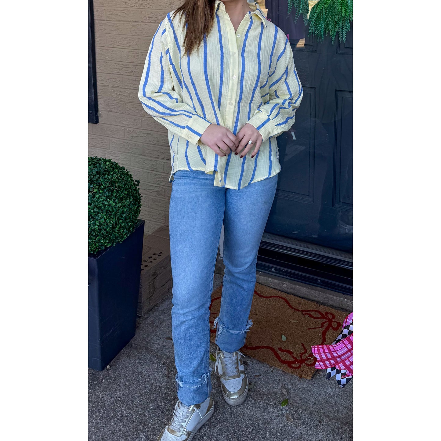 Anne Stripe Button Down Top, Butter Yellow/Blue