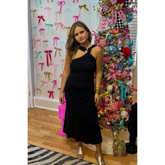 One Shoulder Black Midi Dress