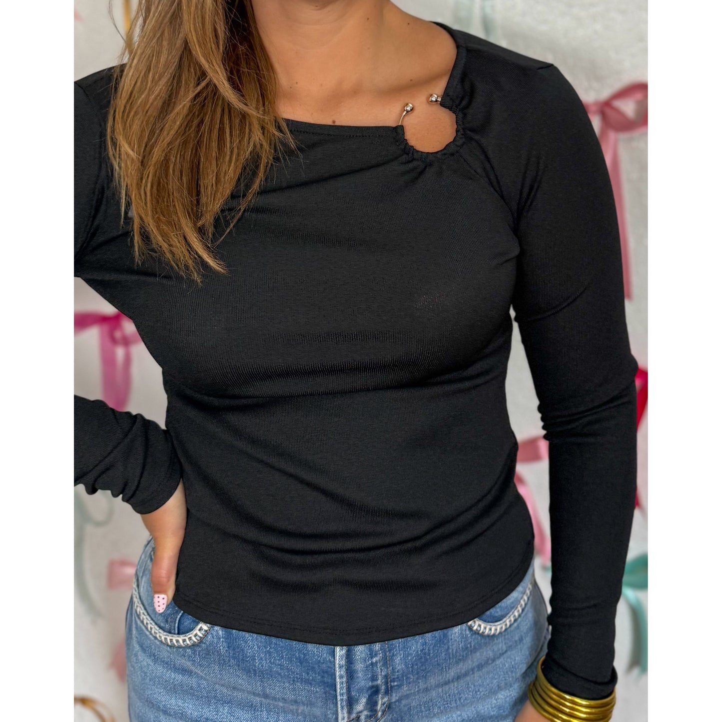 Gold Ring Long Sleeve Top, Black