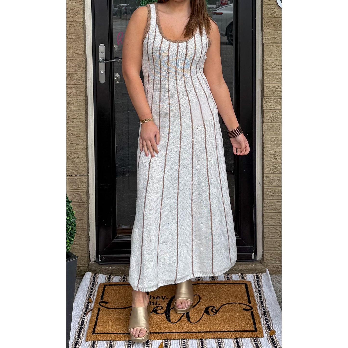 Blakely Knit Midi Dress, White/Taupe