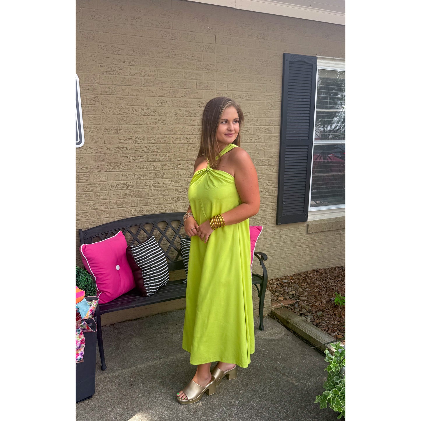 Brynn Halter Midi Dress, Lime Green
