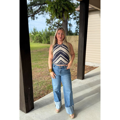 Crochet Crop Top, Navy/Ivory