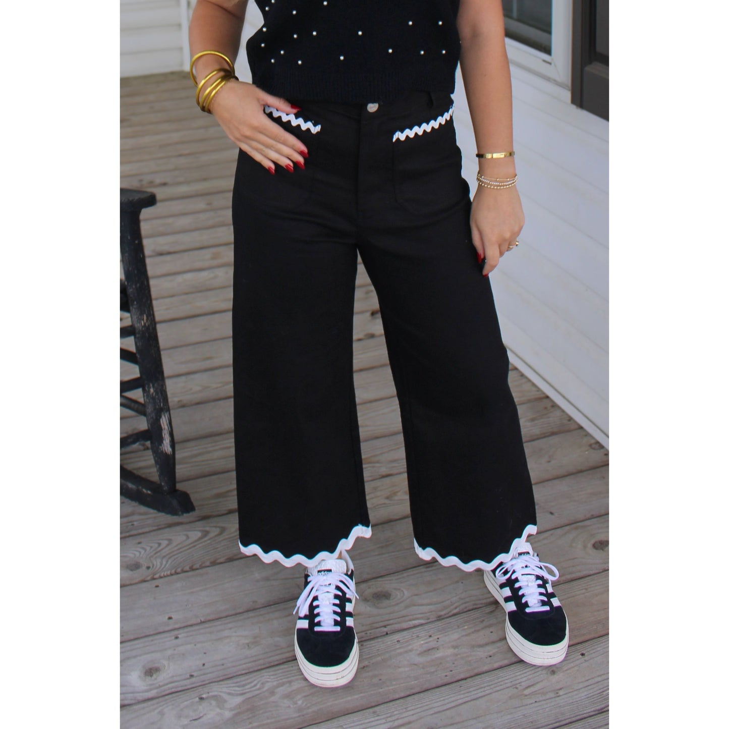 Avery Ric Rac Denim Pants, Black/White