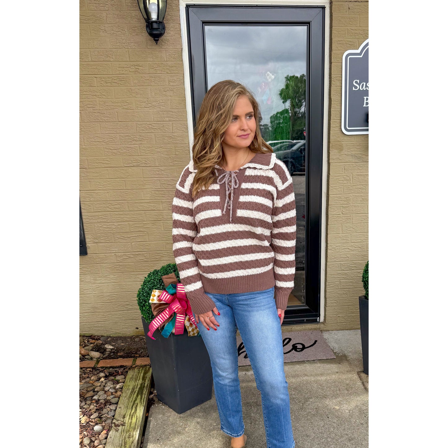 Dylan Stripe Sweater, Ivory/Mocha