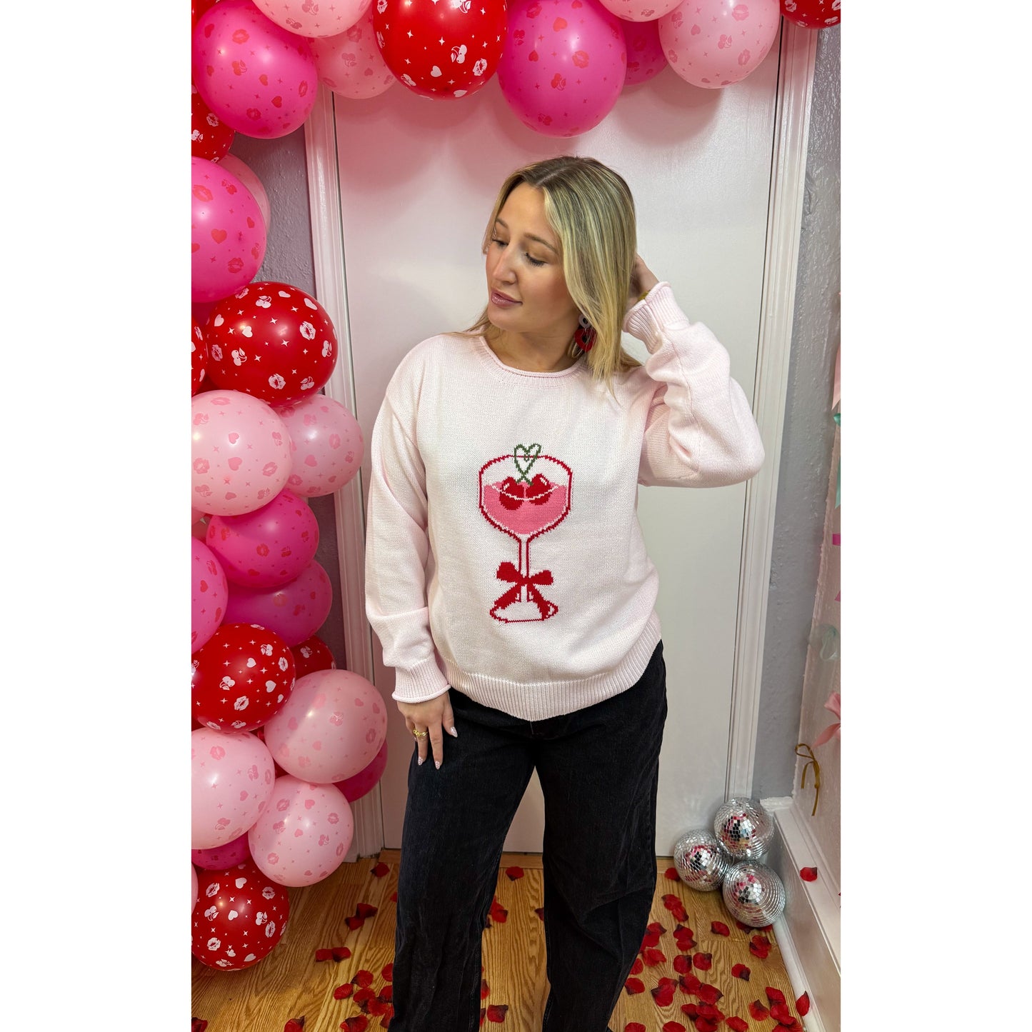 Heart Martini Graphic Sweater, Light Pink Multi