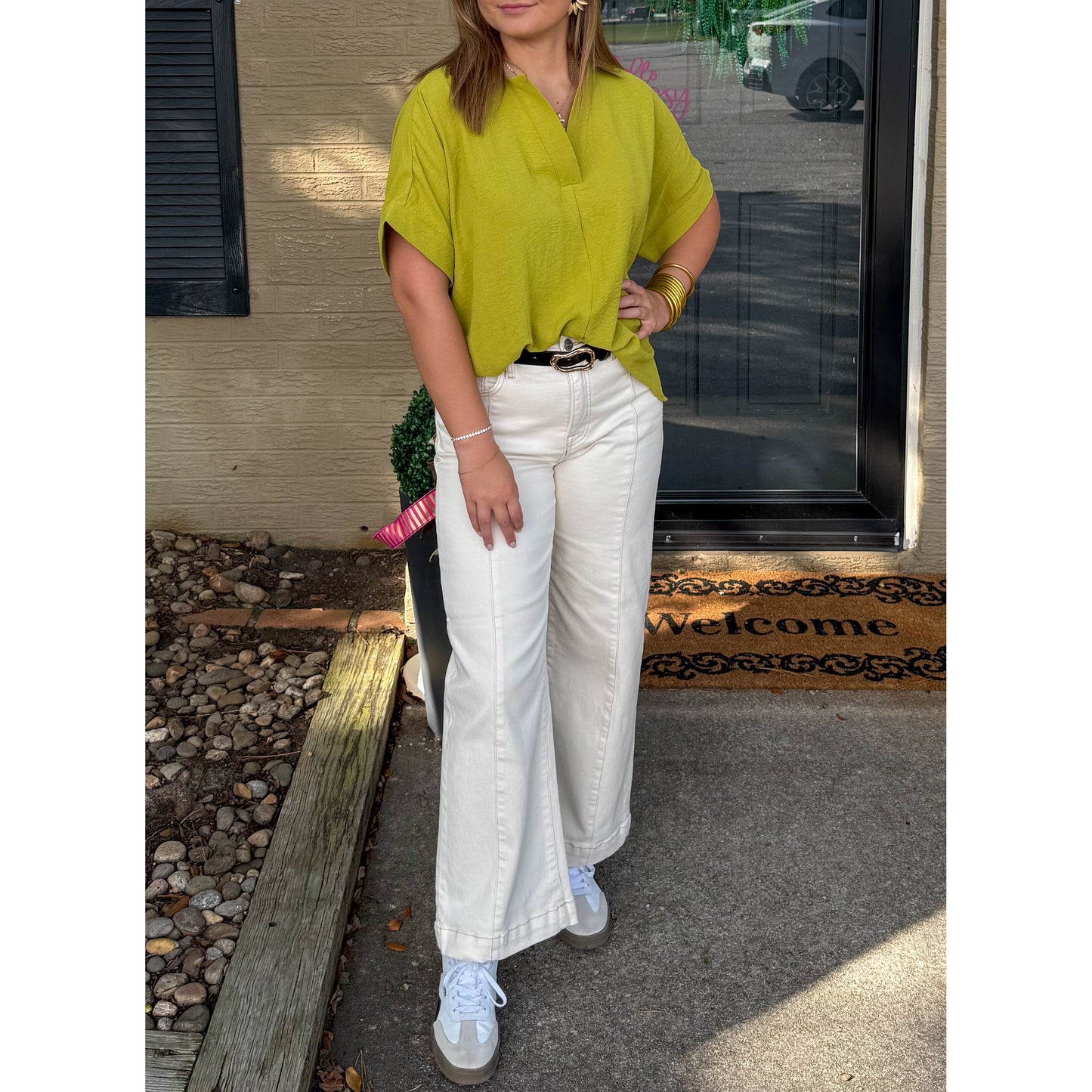 Julianna V-Neck/Collar Top, Chartreuse
